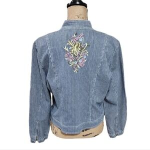 Christine Phillipe blue and White Striped Embroidered Trucker Denim‎ Jean Jacket